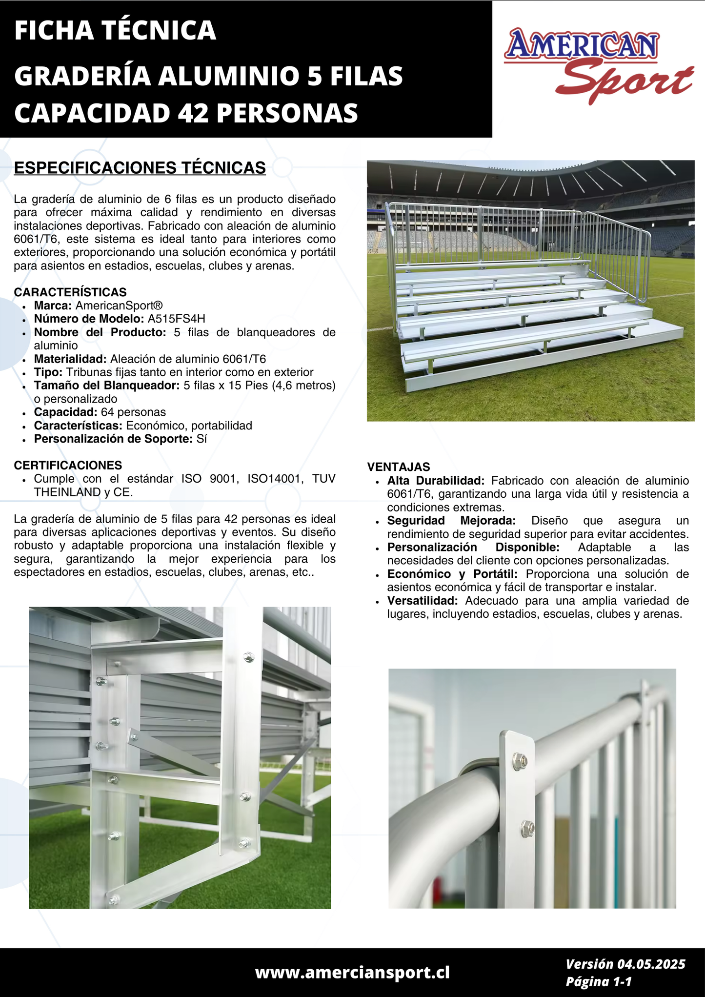 GRADERÍA ALUMINIO 5 FILAS CAPACIDAD 42 PERSONAS