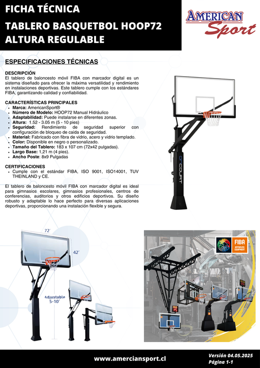 TABLERO DE BASQUETBOL HOOP72 PROFESIONAL