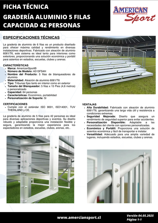 GRADERÍA ALUMINIO 5 FILAS CAPACIDAD 42 PERSONAS