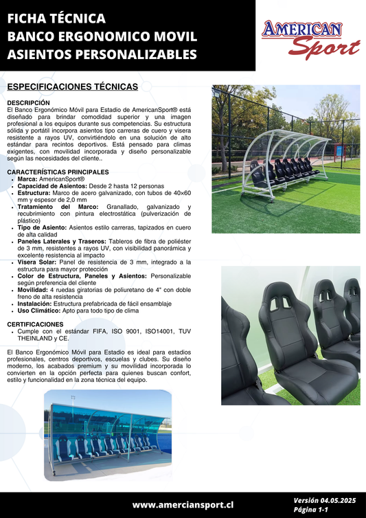 BANCO ERGONOMICO MOVIL PARA ESTADIO 4 ASIENTOS
