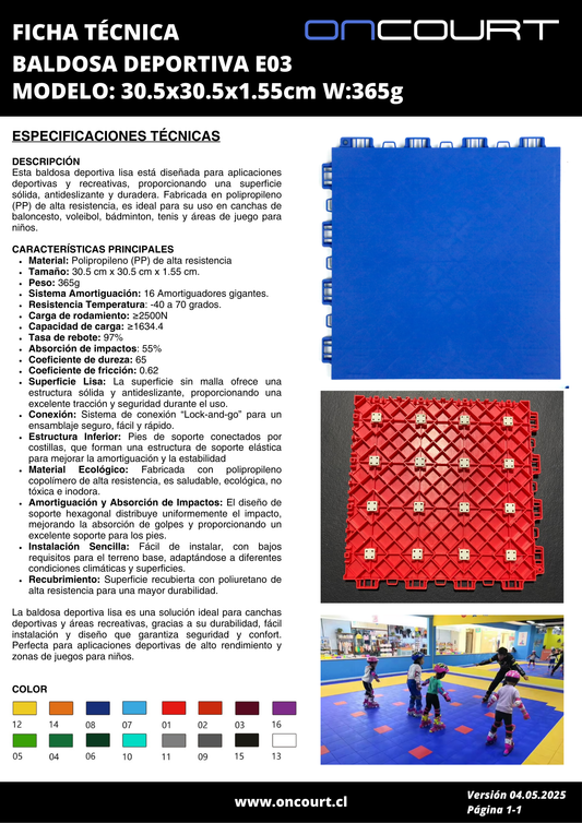 BALDOSA DEPORTIVA E03 MODELO: 30.5x30.5x1.55cm W:365g
