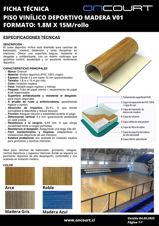 PISO VINÍLICO DEPORTIVO MADERA ONCOURT V01 4.5MM