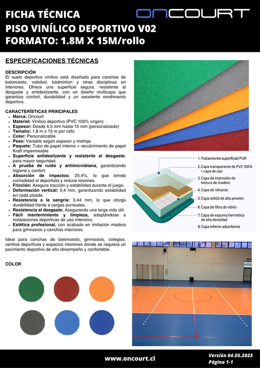 PISO VINÍLICO DEPORTIVO V02 M2 FORMATO:1.8M X 15M/ROLLO