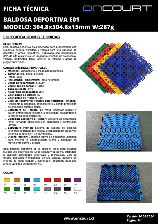 BALDOSA DEPORTIVA E01 MODELO: 304.8x304.8x15mm W:287g M2