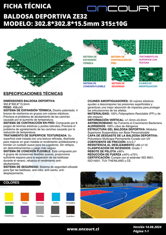 BALDOSA DEPORTIVA ZE32 MODELO: 302.8*302.8*15.5mm 315±10G M2