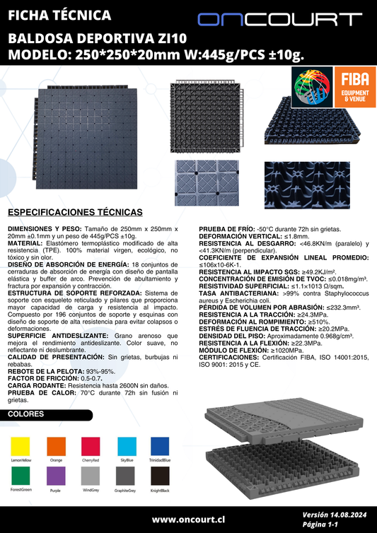 BALDOSA DEPORTIVA ZI10 FIBA MODELO: 250*250*20mm W:445g/PCS ±10g.