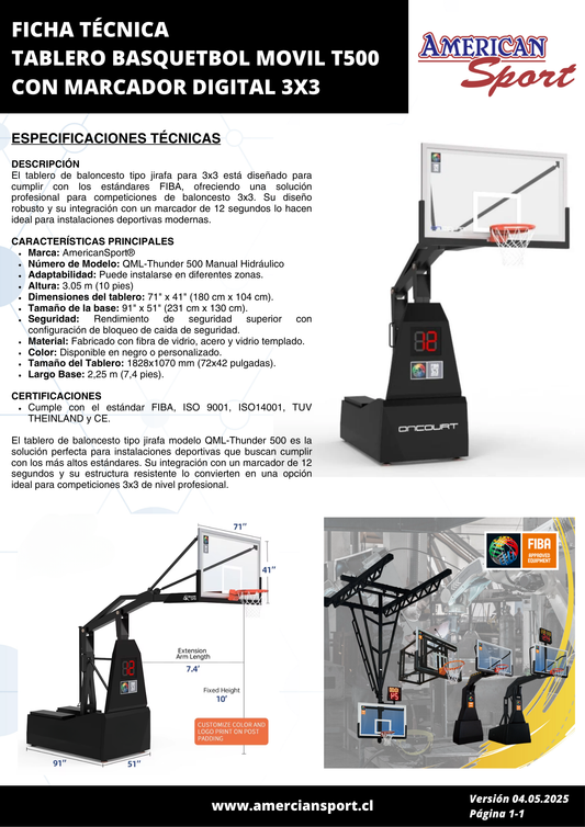 TABLERO BASQUETBOL 3x3 TIPO JIRAFA MARCADOR DIGITAL 12 SEGUNDOS APROBADO POR FIBA
