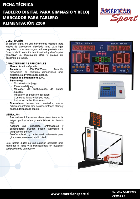 MARCADOR DIGITAL PARA GIMNASIO Y RELOJ MARCADOR PARA TABLERO ALIMENTACIÓN 220V + 2 MARCADORES PARA TABLEROS DE BASQUETBOL