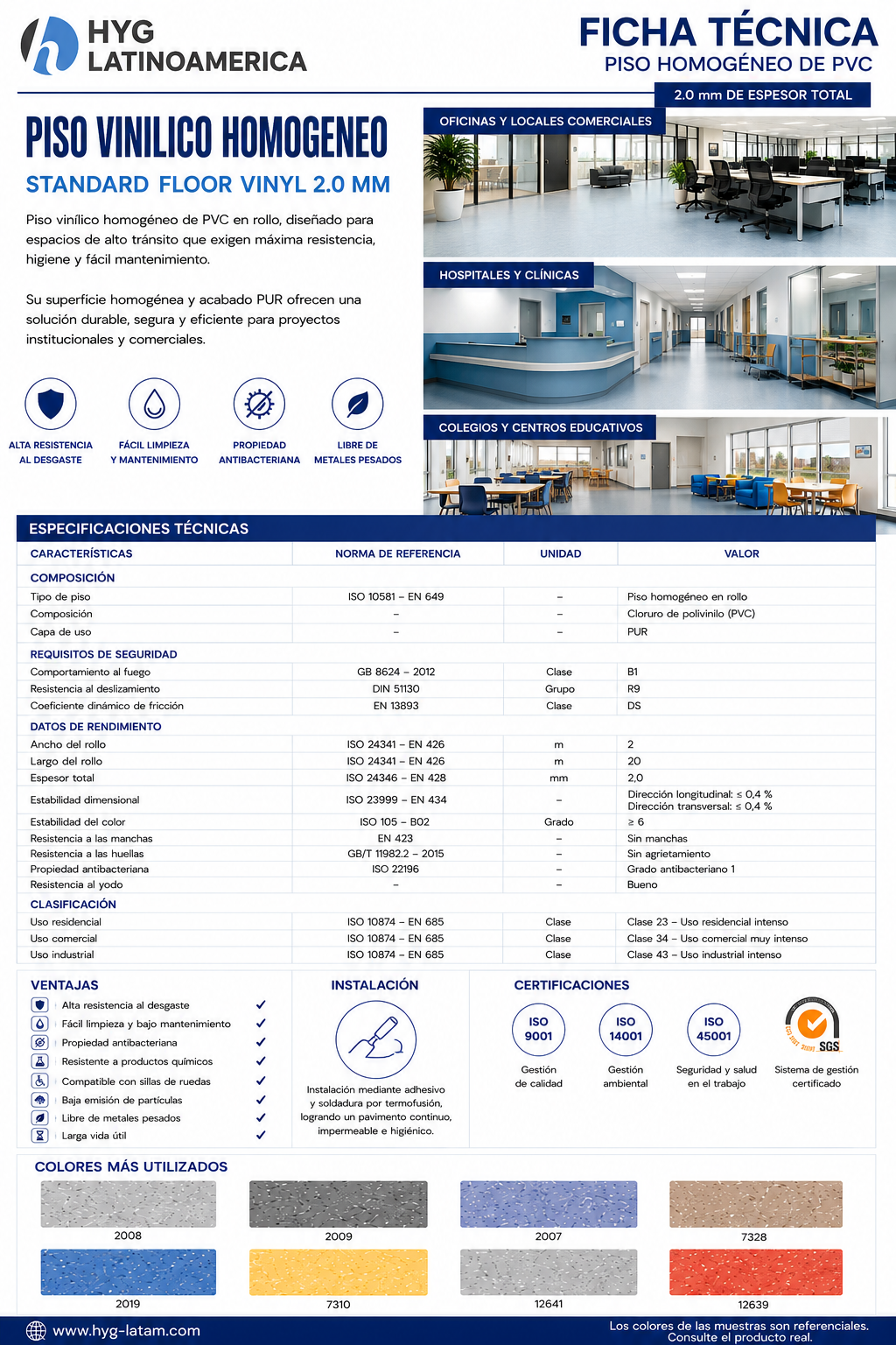 PISO VINÍLICO INSTITUCIONAL  STANDARD FLOOR VINYL 2.0MM FORMATO 2M X20M M2